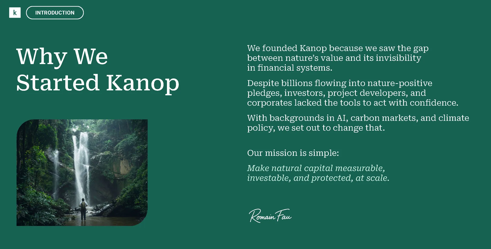 The Why We Started Kanop page, signed by the founder